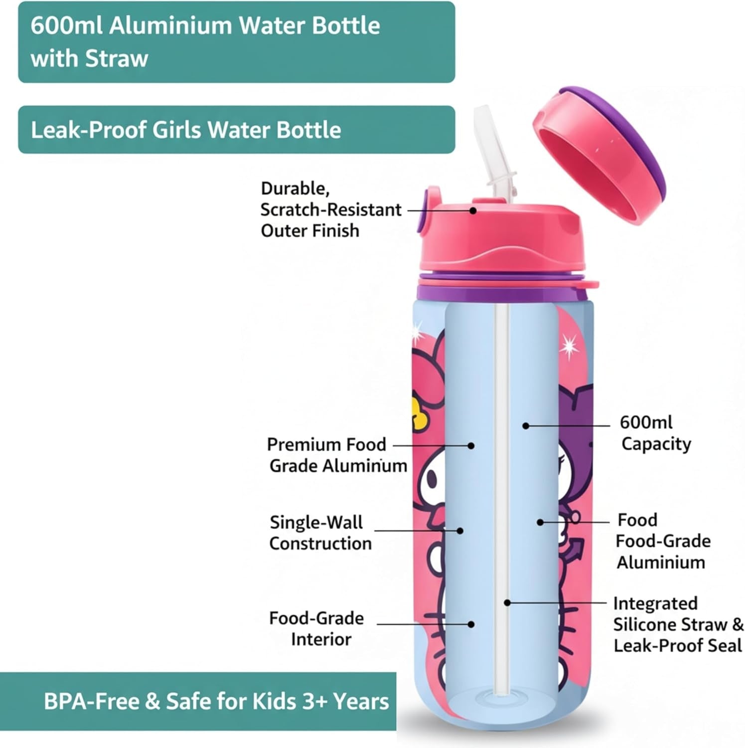 Aluminium Water Bottle with Straw & Strap 600ml - Assorted