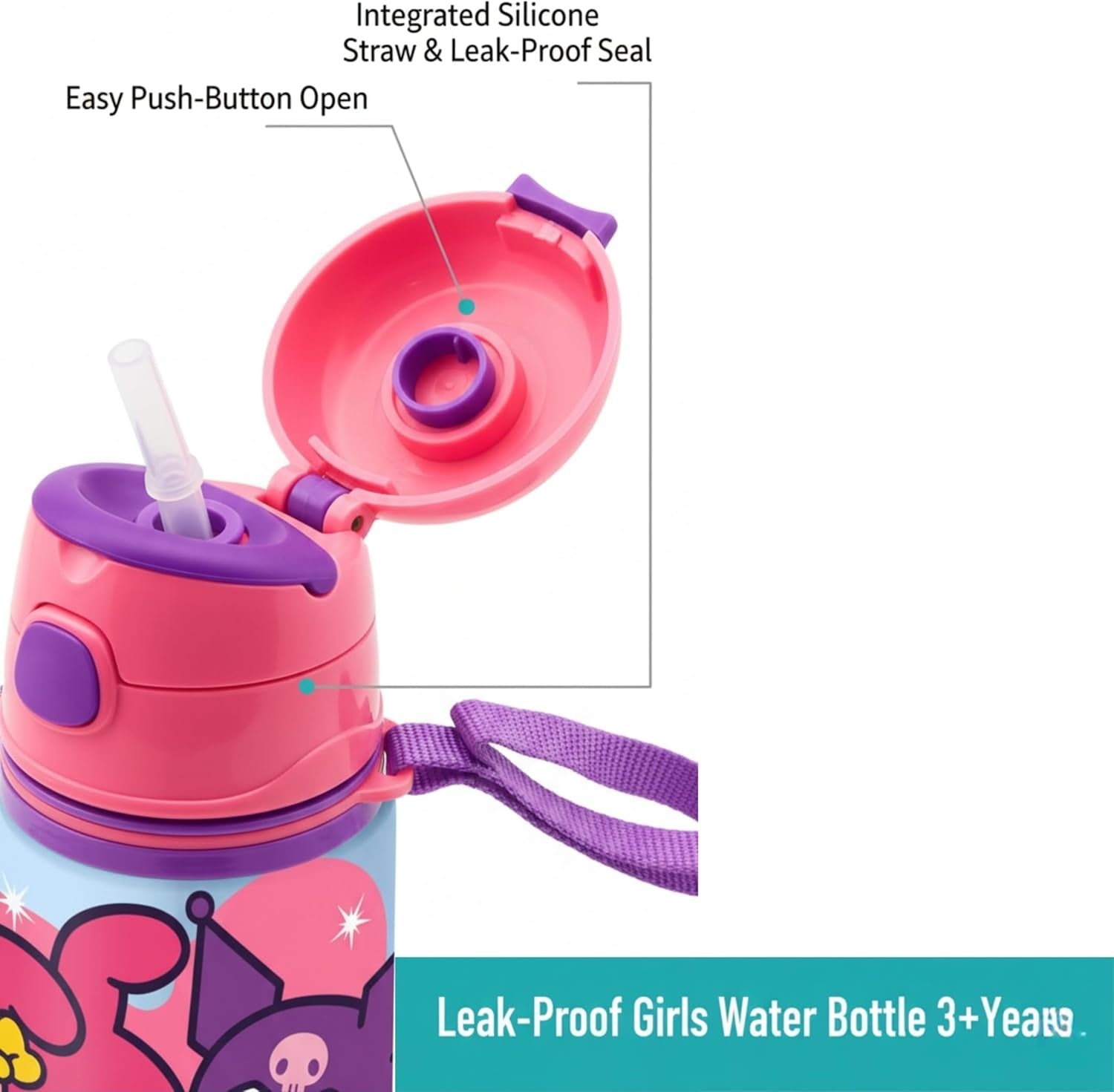 Aluminium Water Bottle with Straw & Strap 600ml - Assorted