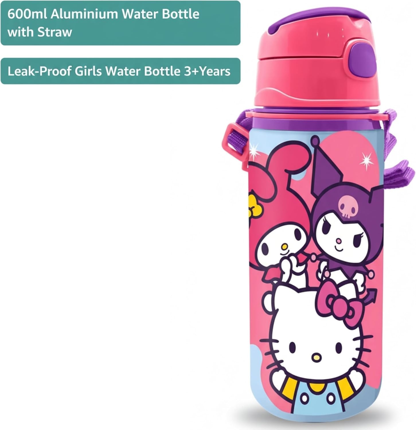 Aluminium Water Bottle with Straw & Strap 600ml - Assorted