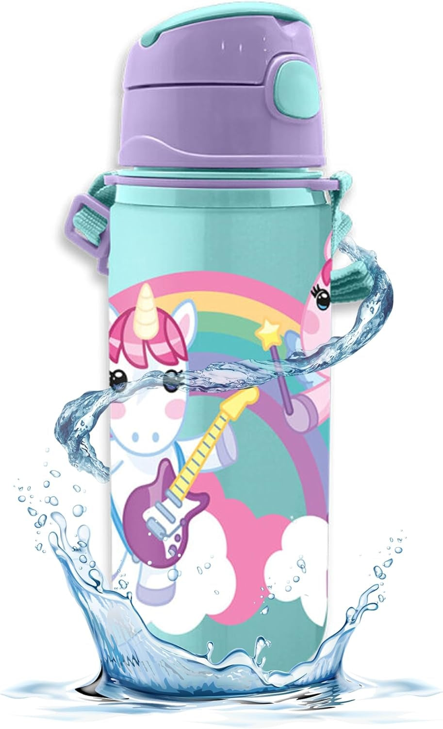 Aluminium Water Bottle with Straw & Strap 600ml - Assorted