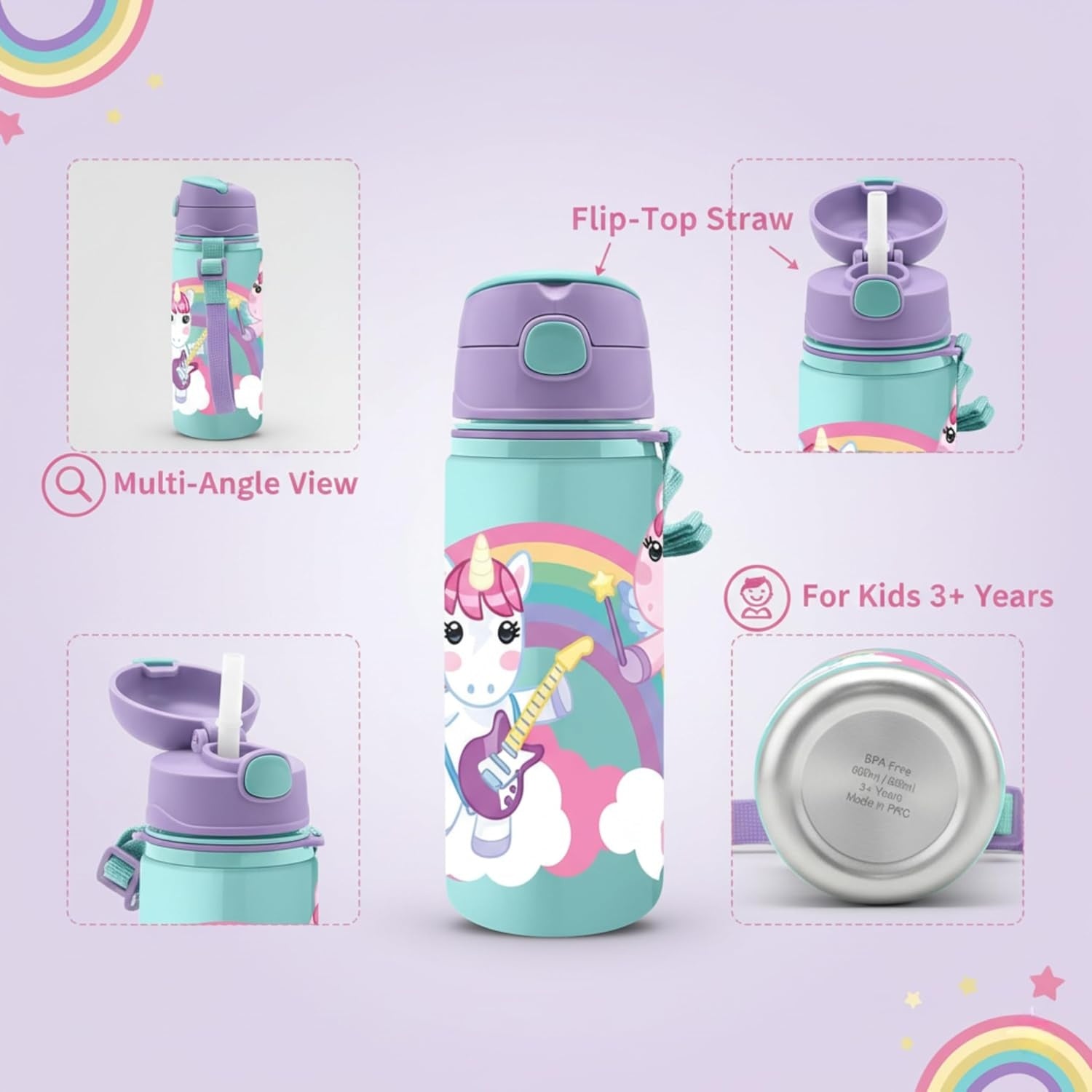 Aluminium Water Bottle with Straw & Strap 600ml - Assorted