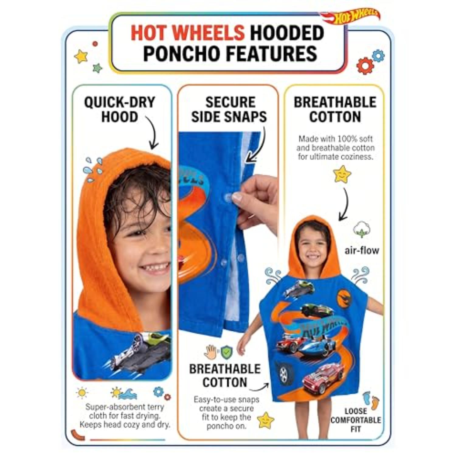 Kids Hooded Towel Poncho Cotton 120cm - Assorted