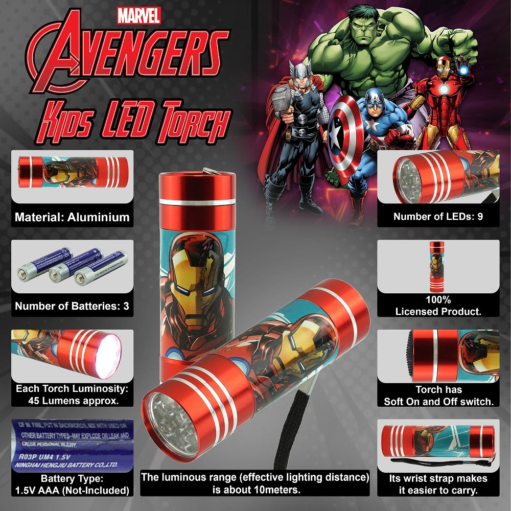 Kids Licensed Marvel Avengers 9 LED Pocket Torch Flashlight(Red)