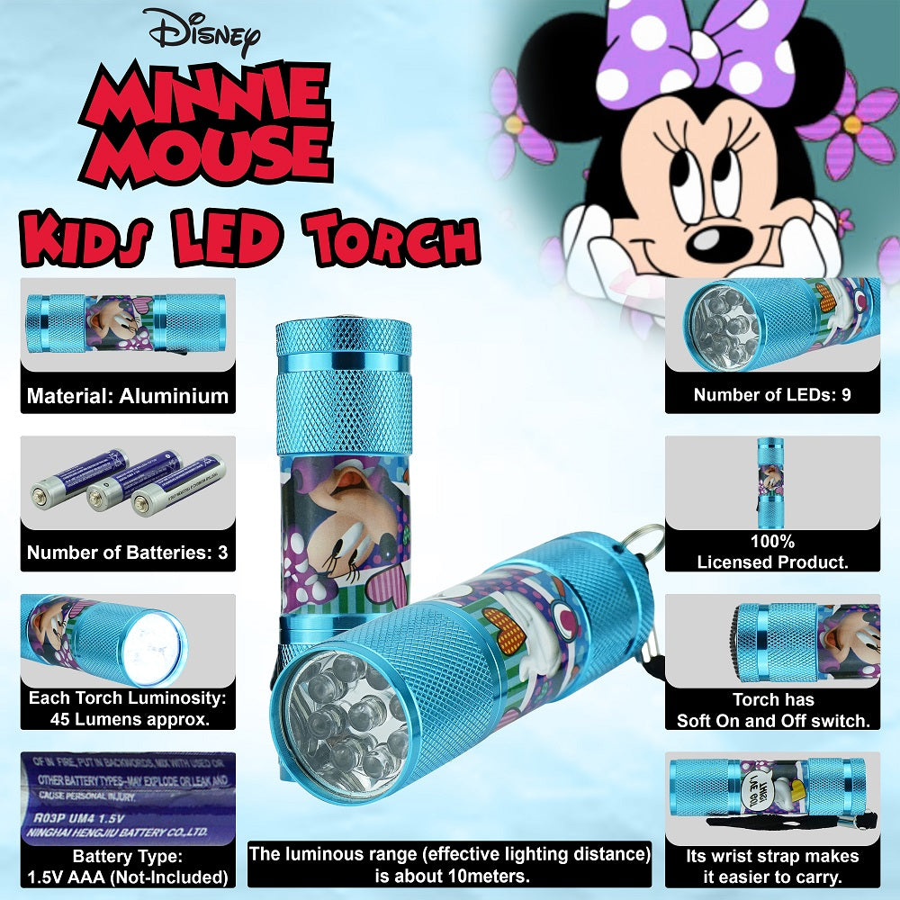 Kids Aluminum 9 LED Torch with Colours for Girls - Minnie Mouse (Will Work Bows)