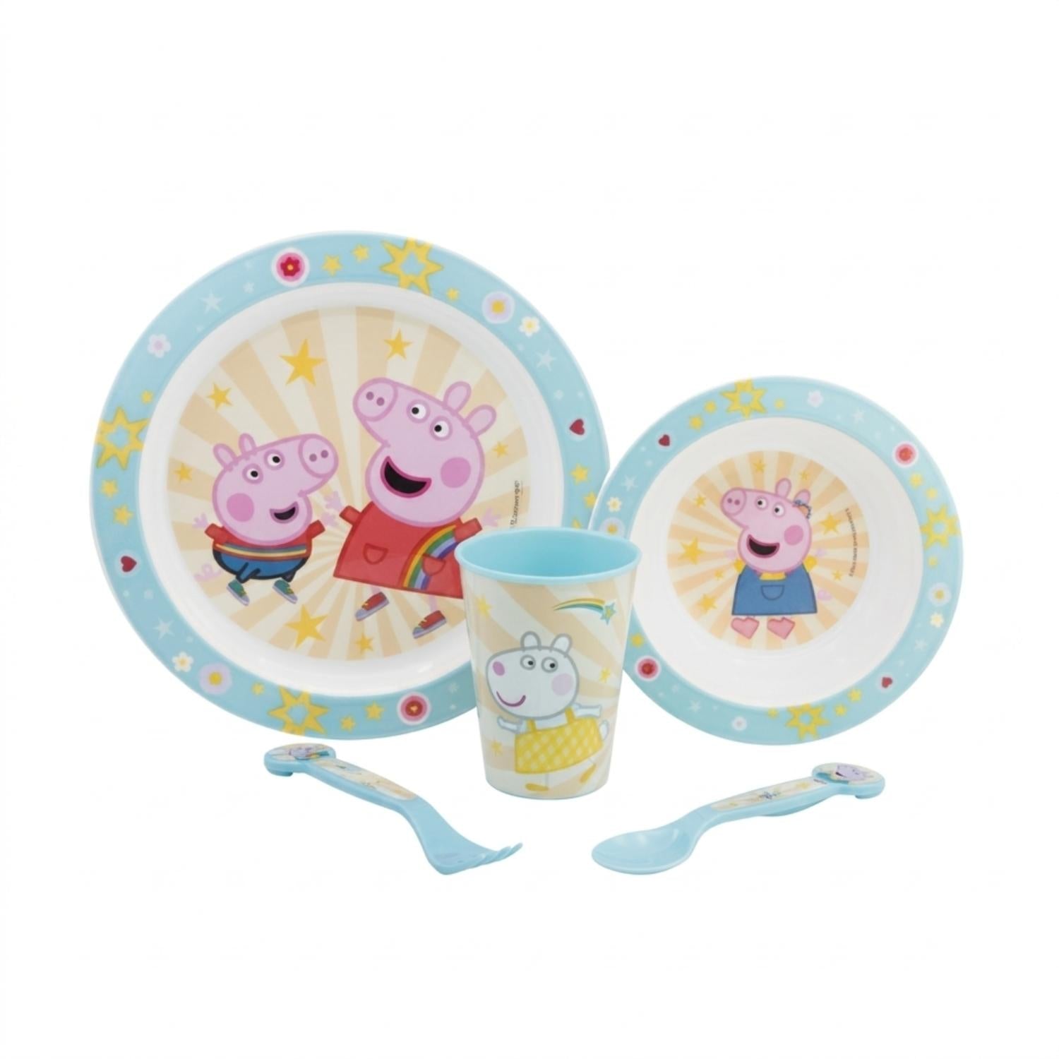 5 Piece Kids Dinnerware Set BPA-Free Plastic Plate Bowl Cup Fork &amp; Spoon