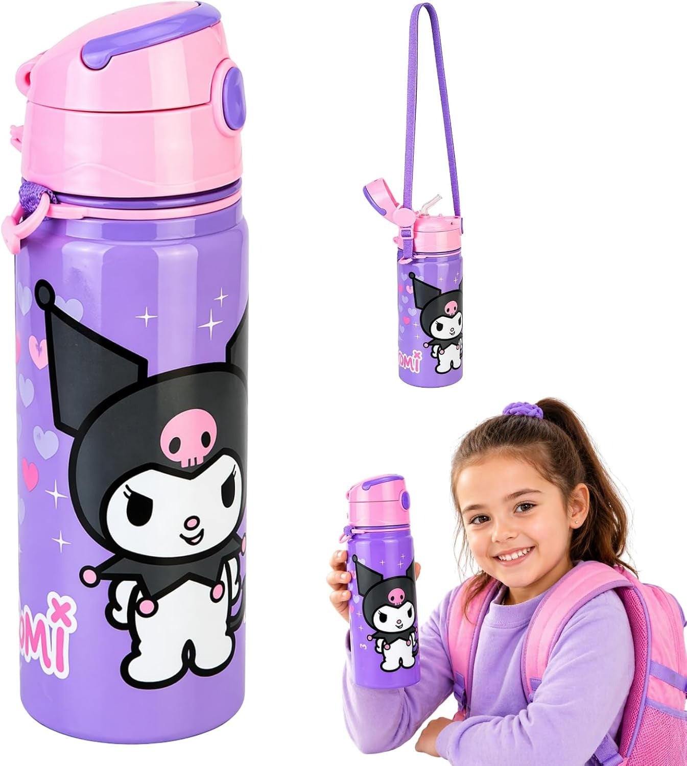Aluminium Water Bottle with Straw & Strap 600ml - Assorted
