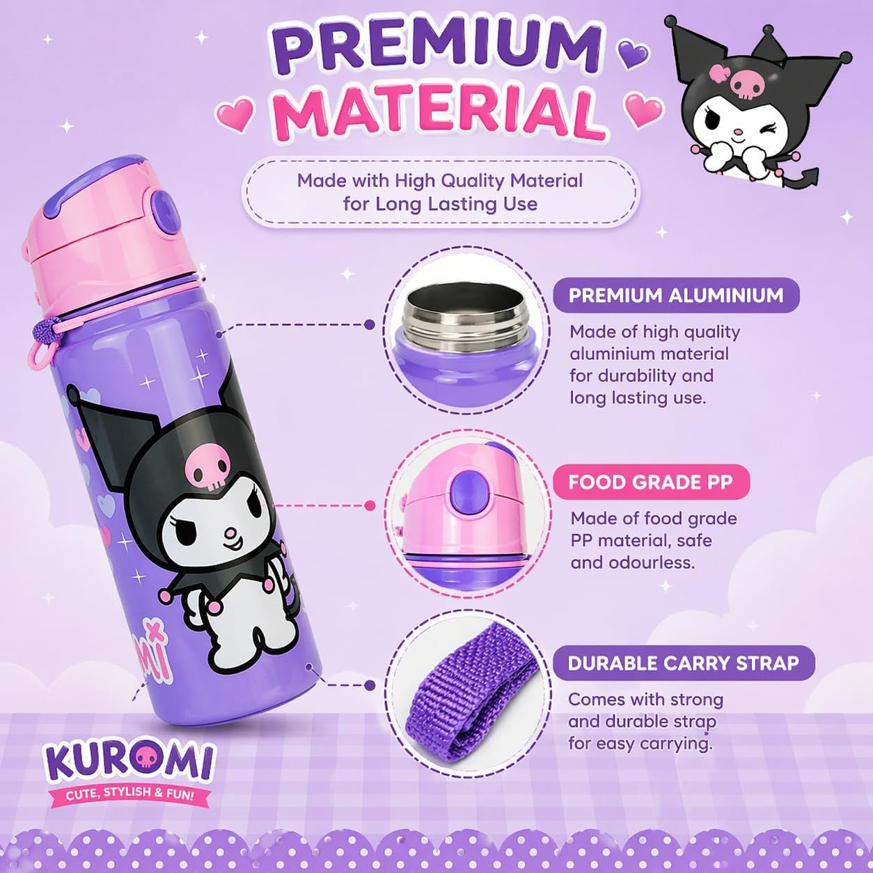 Aluminium Water Bottle with Straw & Strap 600ml - Assorted