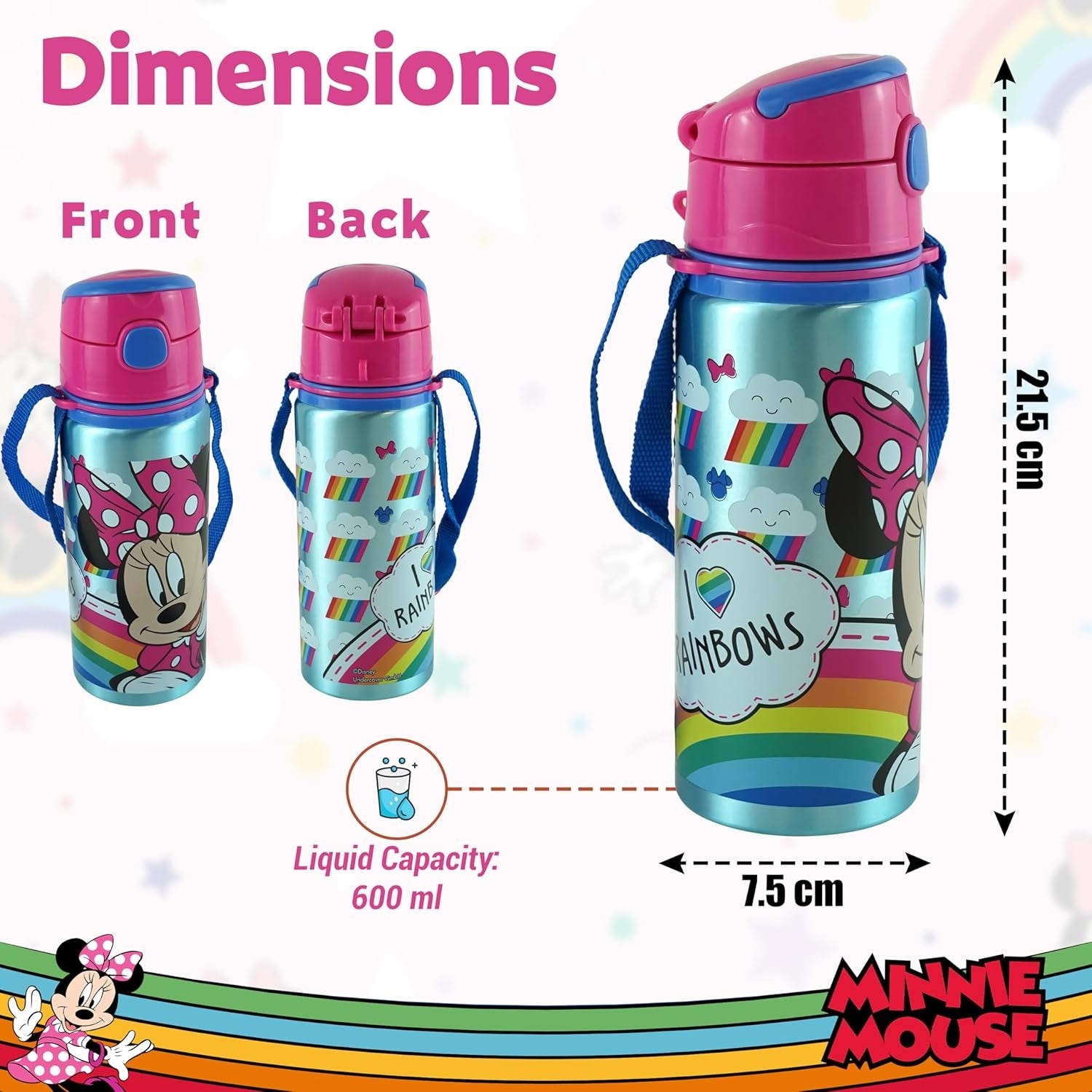 Aluminium Water Bottle with Straw & Strap 600ml - Assorted