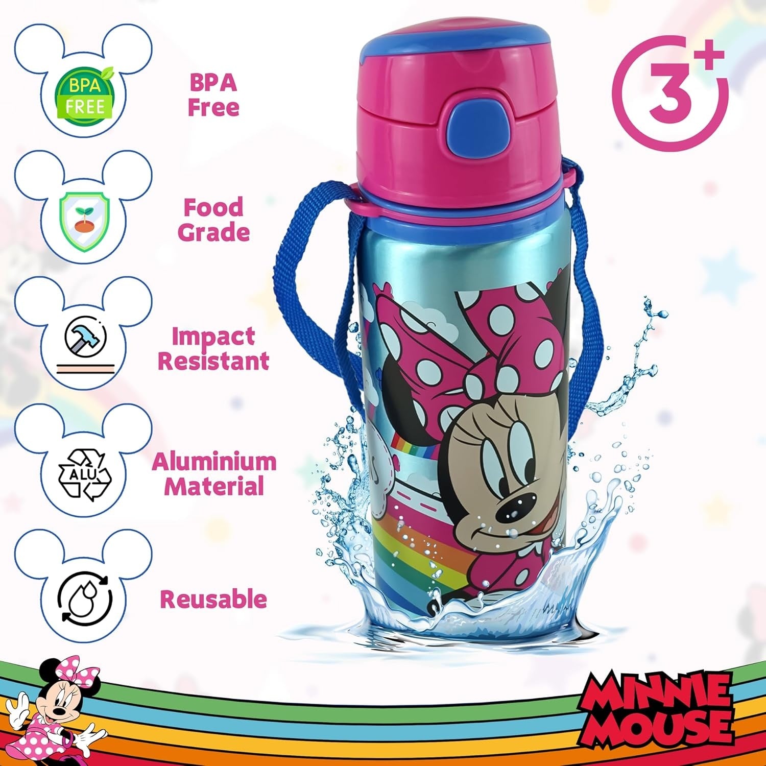 Aluminium Water Bottle with Straw & Strap 600ml - Assorted