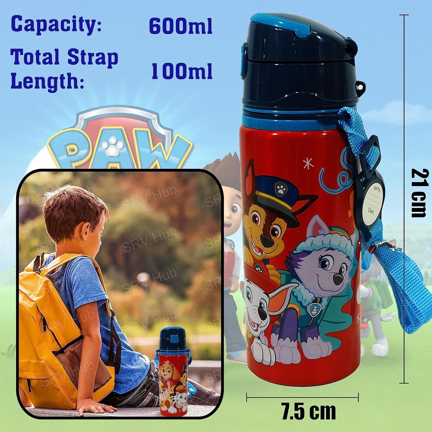 Aluminium Water Bottle with Straw & Strap 600ml - Assorted