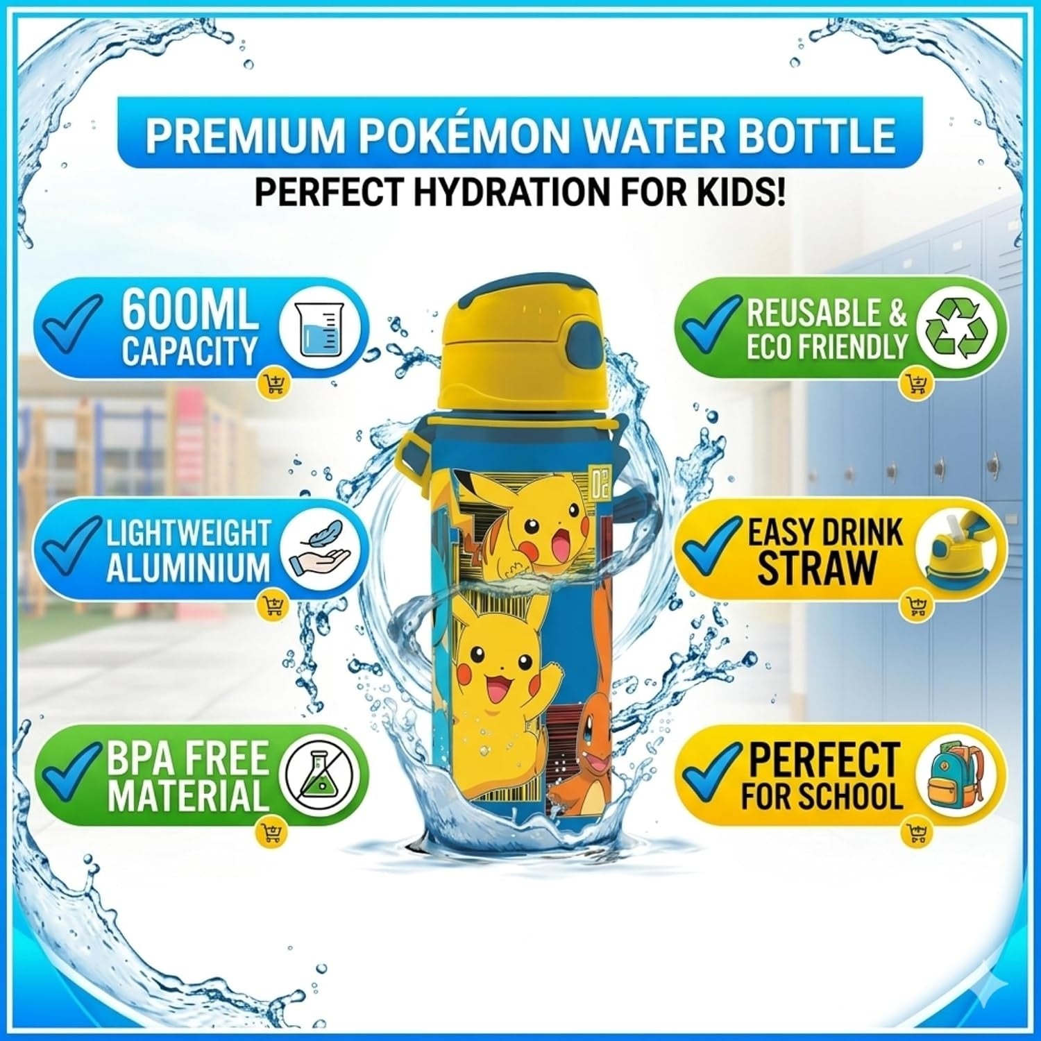 Aluminium Water Bottle with Straw & Strap 600ml - Assorted