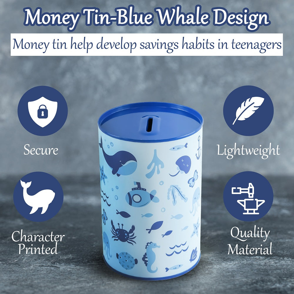 1x Boys Metal Money Tin-Blue Whale Design